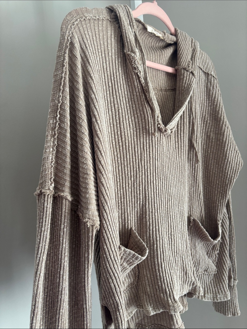 Easel Washed Novelty Ribbed Knit Hoodie Pullover Top in Taupe Beige Size Medium - Picture 5 of 6